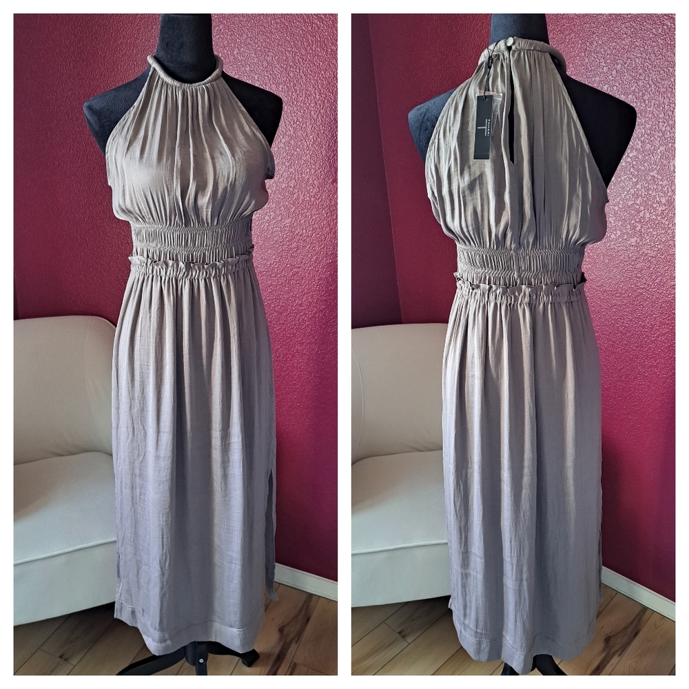 Tahari Sleeveless Halter Midi Dress Taupe Women's Size M